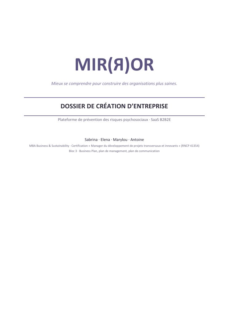 Couverture du dossier de création d'entreprise MIR(Я)OR